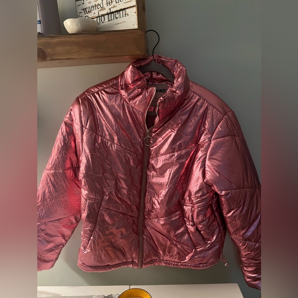 Pink metallic puffer coat